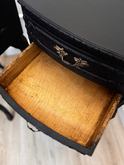 Vintage French Olympus Bedside Tables – Black & Gold | Harrods Olympus | Ornate Upcycled Nightstands