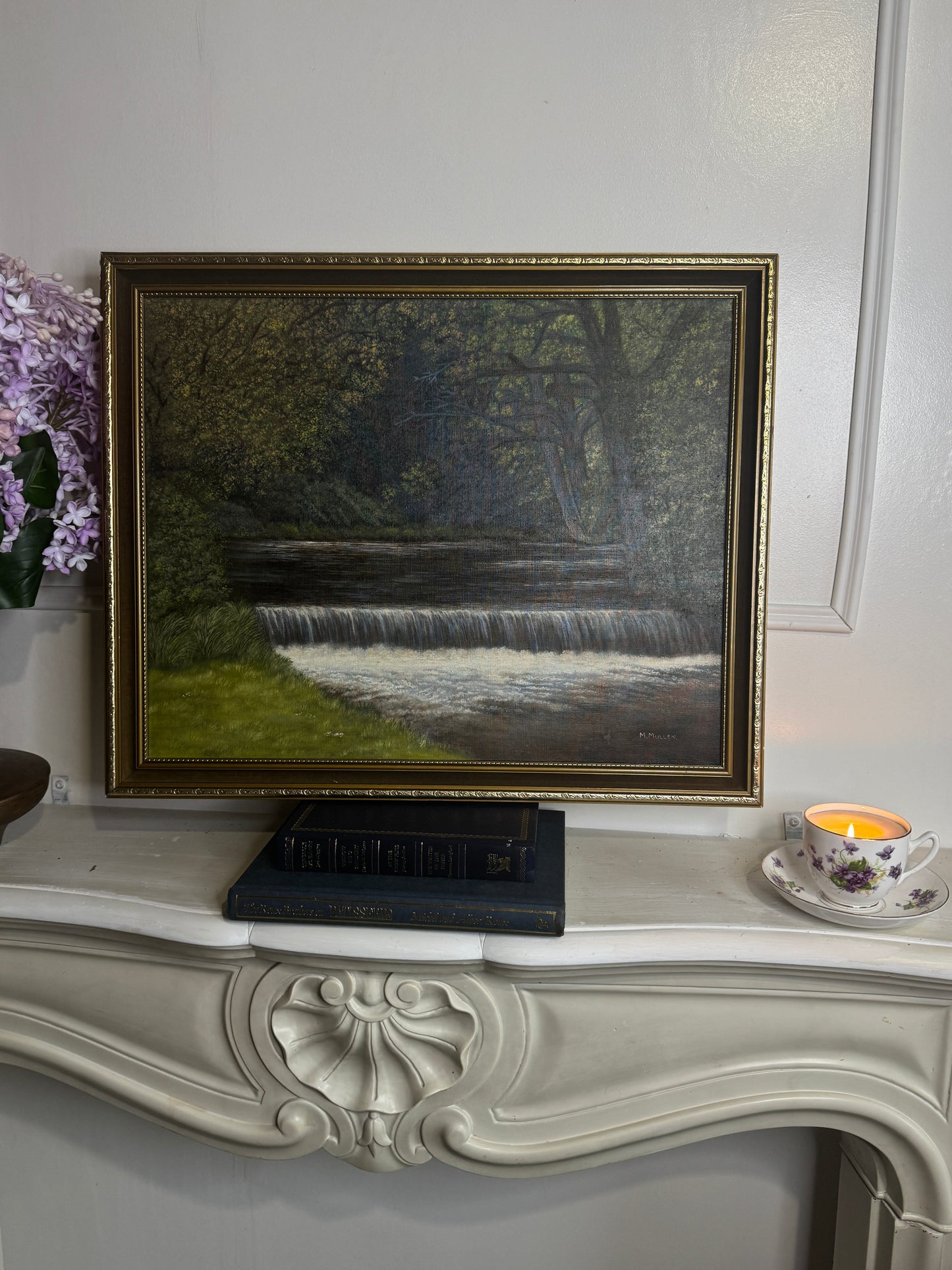 Vintage Dark Forest Water Scene – Signed by M. Mullen | Gilt Gold Frame