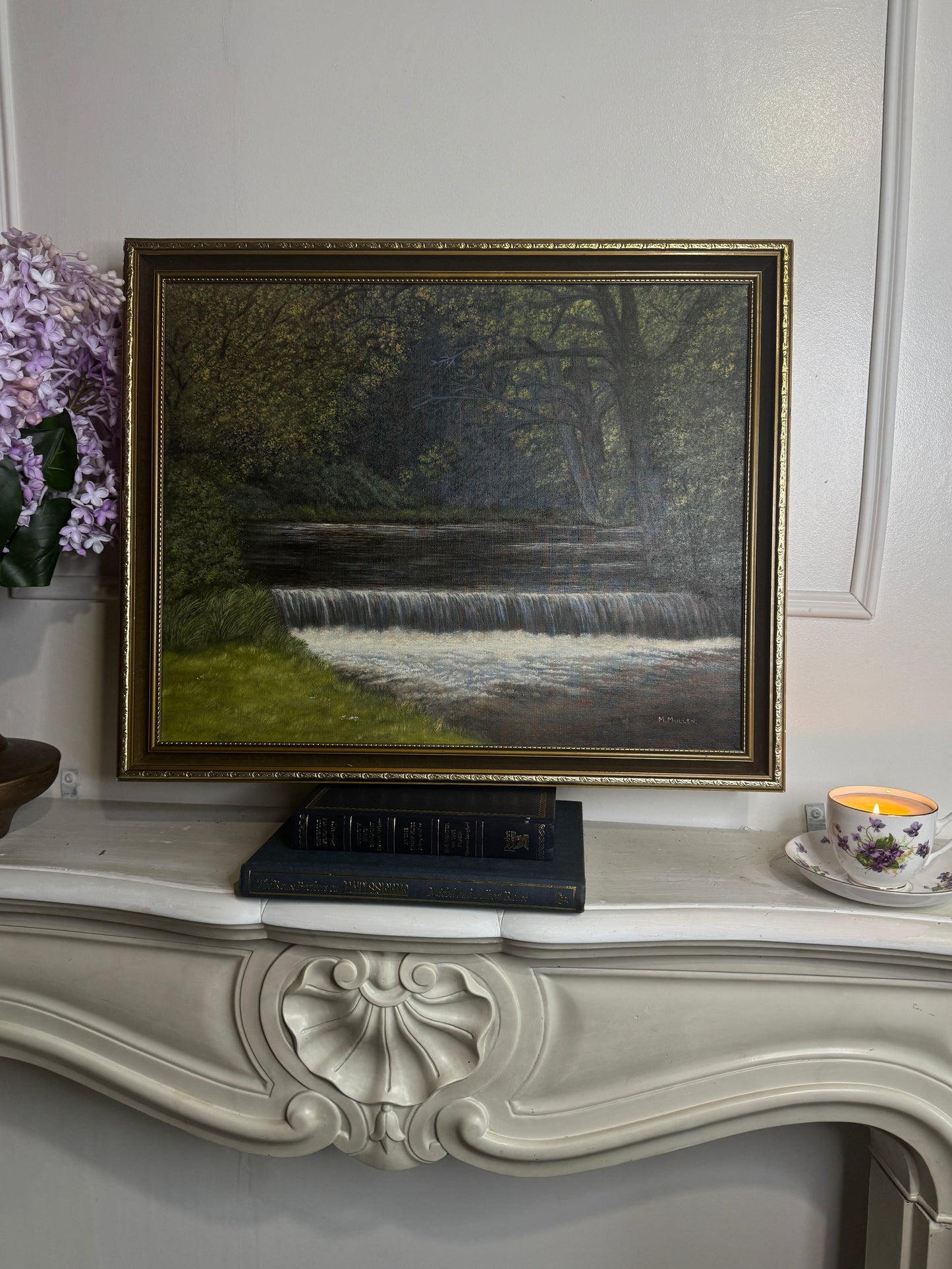Vintage Dark Forest Water Scene – Signed by M. Mullen | Gilt Gold Frame