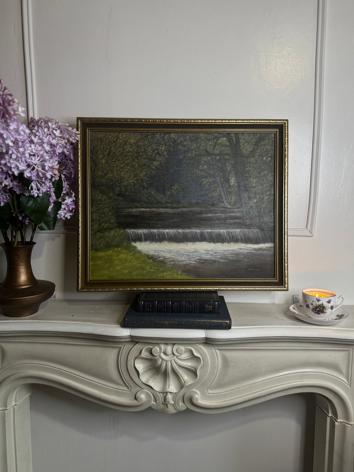 Vintage Dark Forest Water Scene – Signed by M. Mullen | Gilt Gold Frame
