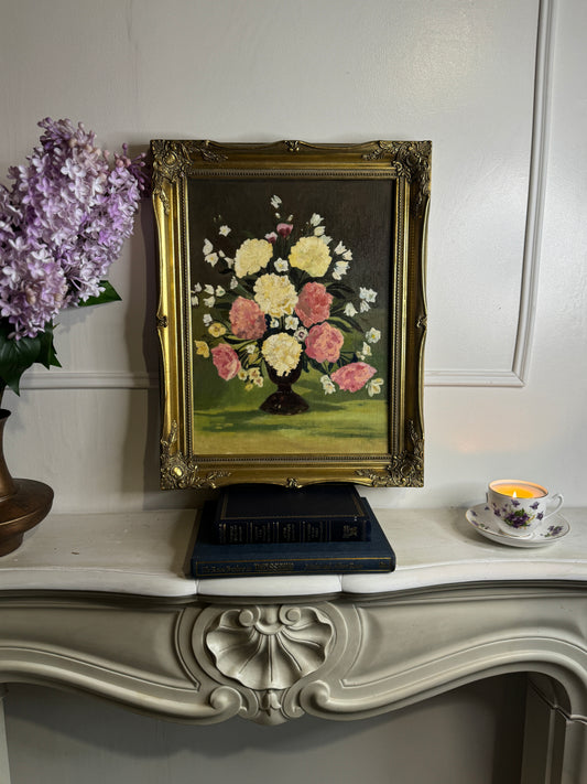 Vintage Signed Floral Oil Painting, Sorelle Gold Gilt Frame ( 39 x 49 cm)