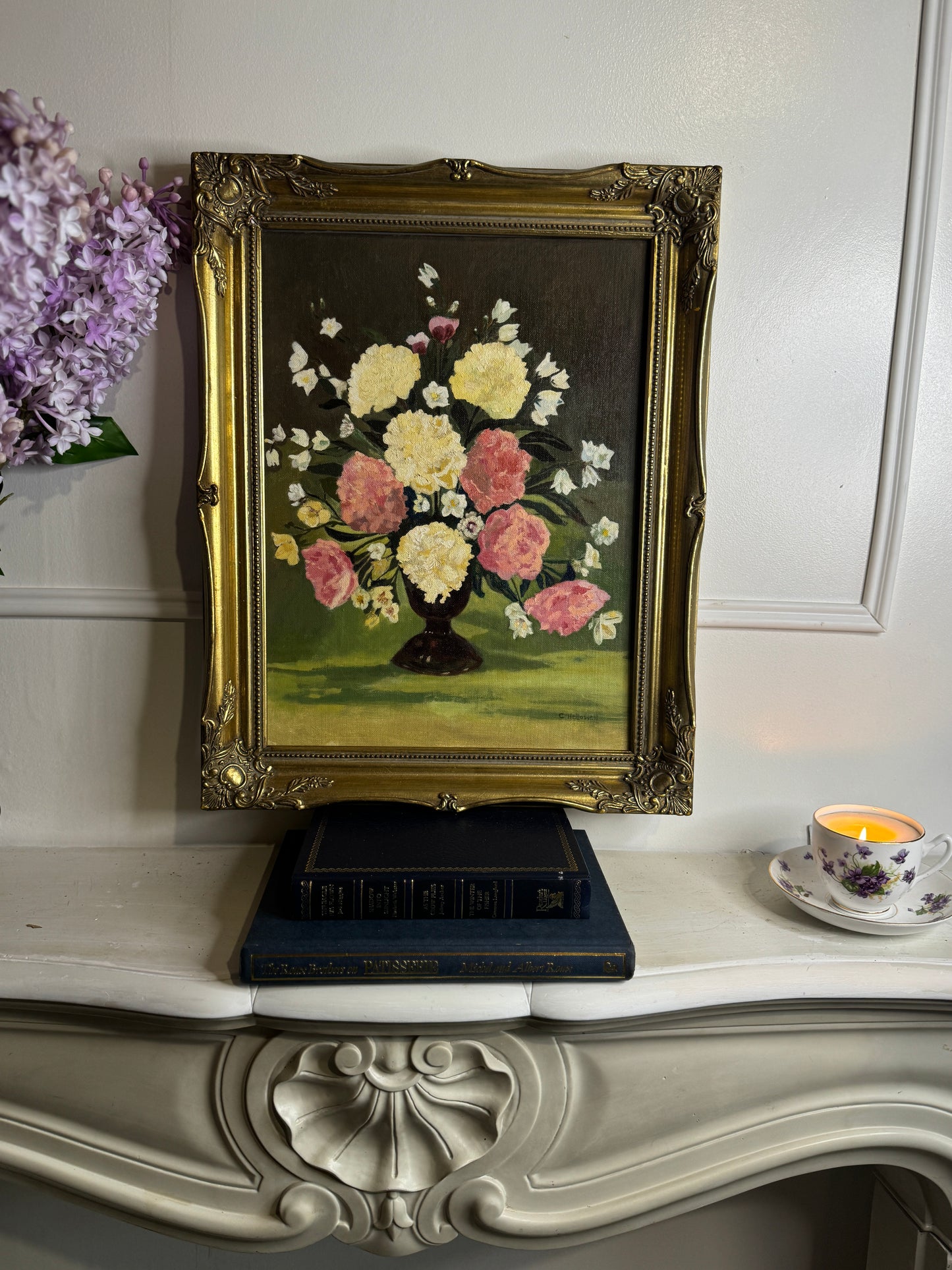 Vintage Signed Floral Oil Painting, Sorelle Gold Gilt Frame ( 39 x 49 cm)