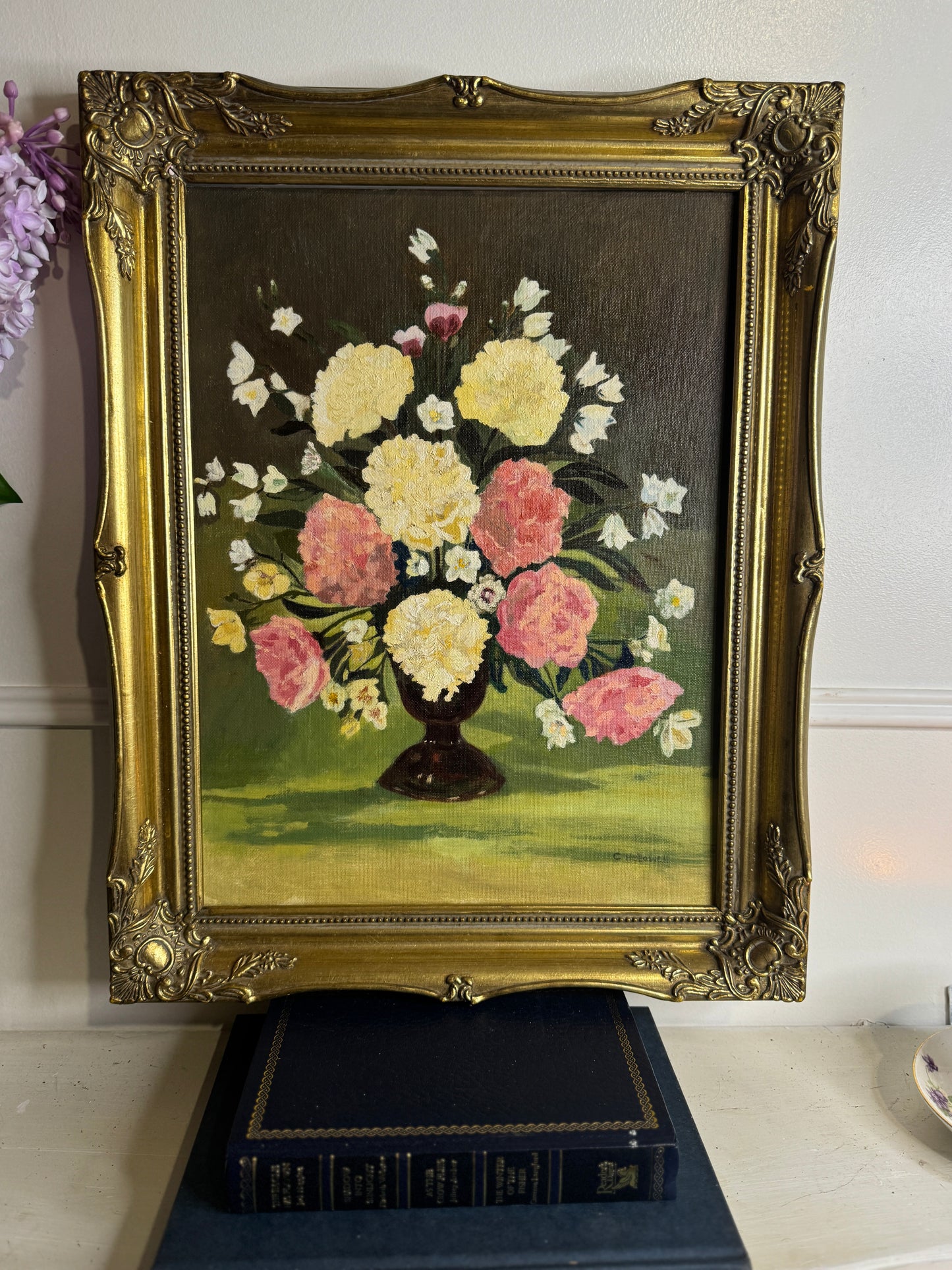 Vintage Signed Floral Oil Painting, Sorelle Gold Gilt Frame ( 39 x 49 cm)