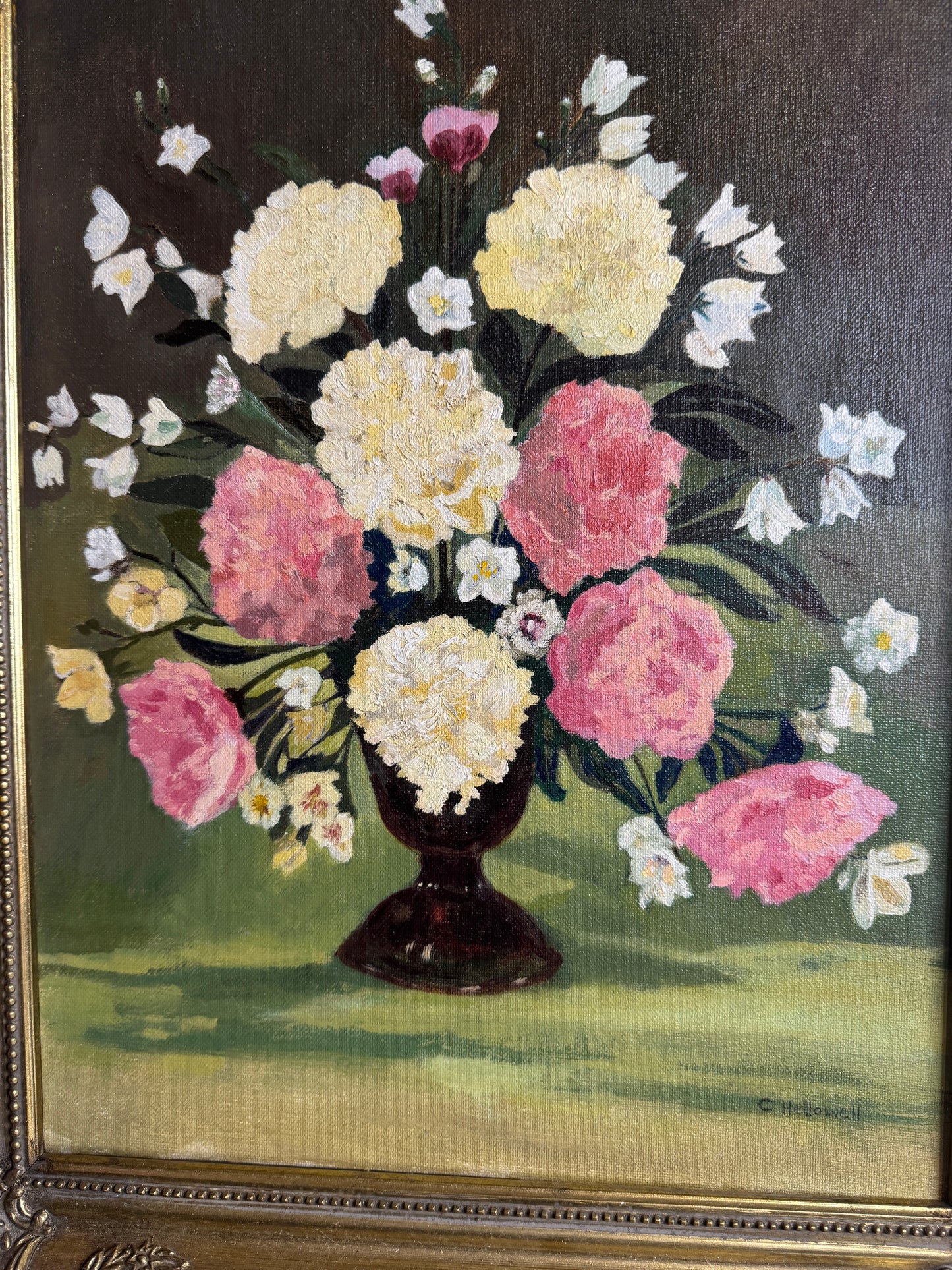 Vintage Signed Floral Oil Painting, Sorelle Gold Gilt Frame ( 39 x 49 cm)
