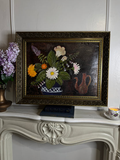 Large Vintage Floral Oil Painting in Antique Gold Heavy Frame (72 × 57 cm)