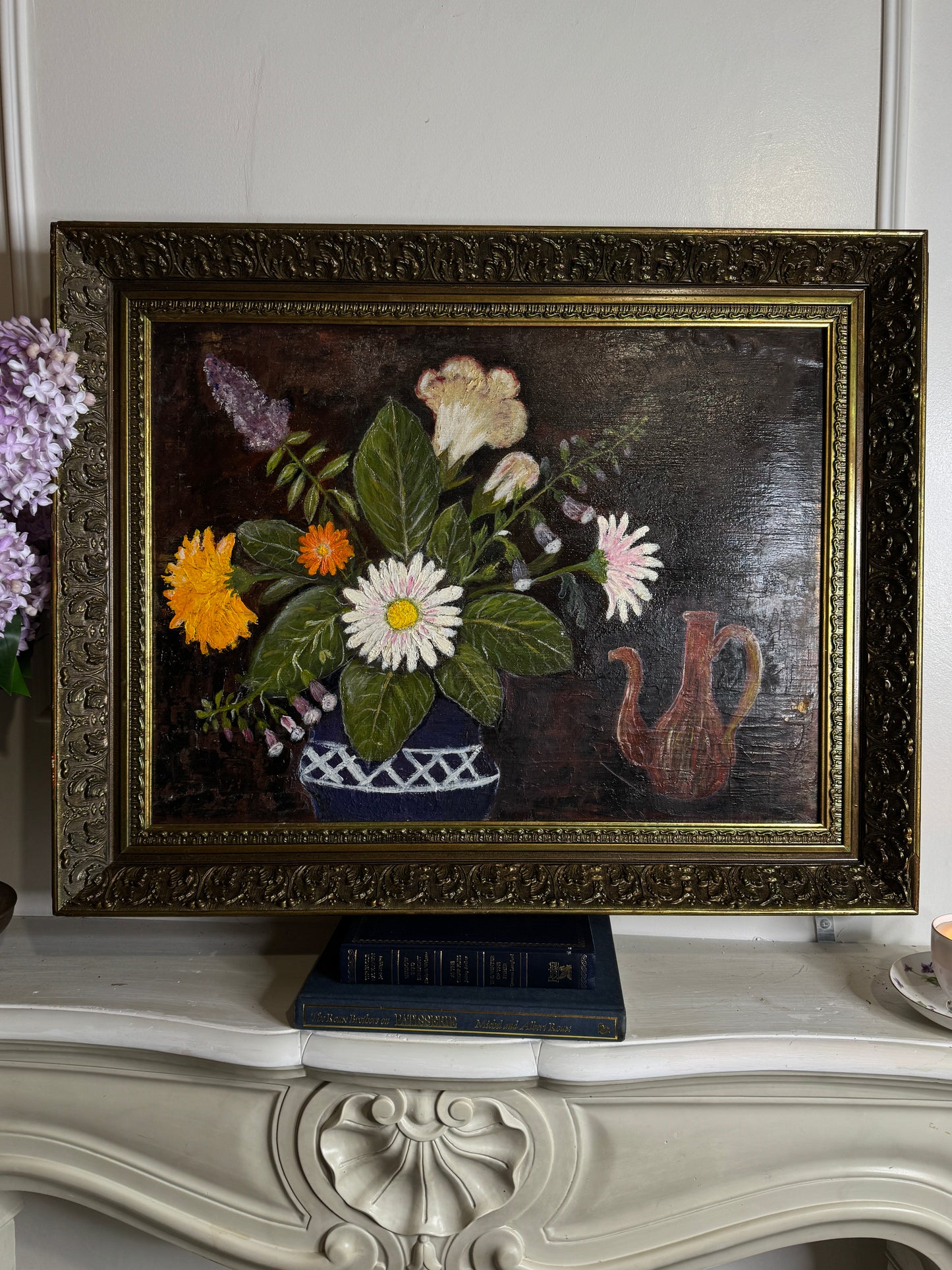 Large Vintage Floral Oil Painting in Antique Gold Heavy Frame (72 × 57 cm)