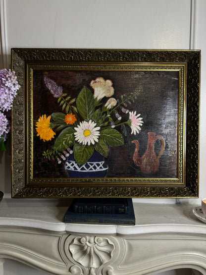 Large Vintage Floral Oil Painting in Antique Gold Heavy Frame (72 × 57 cm)