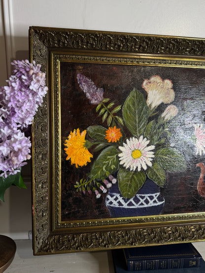 Large Vintage Floral Oil Painting in Antique Gold Heavy Frame (72 × 57 cm)
