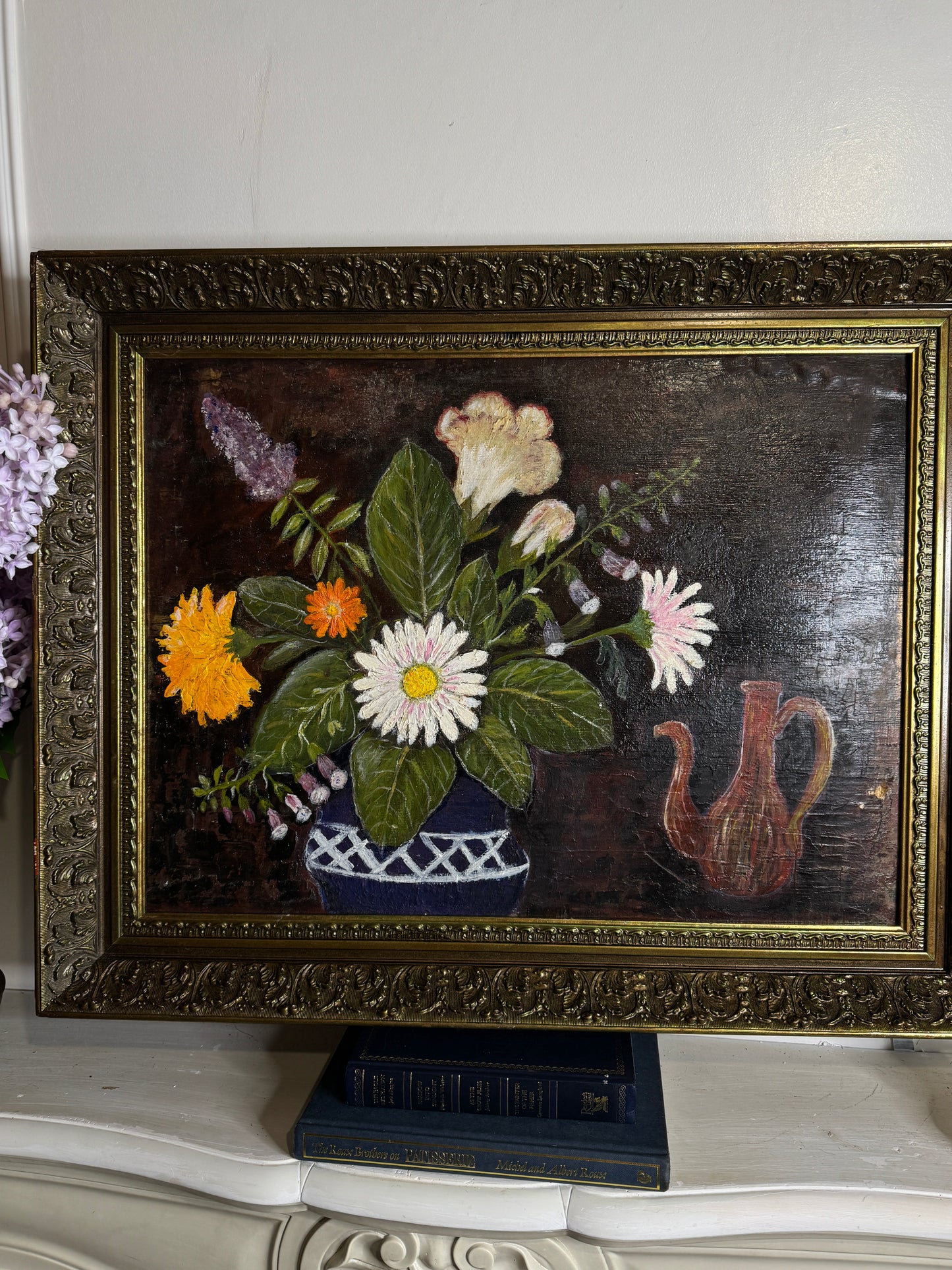 Large Vintage Floral Oil Painting in Antique Gold Heavy Frame (72 × 57 cm)