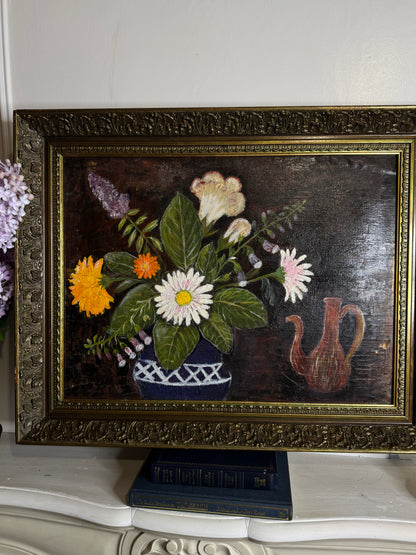 Large Vintage Floral Oil Painting in Antique Gold Heavy Frame (72 × 57 cm)