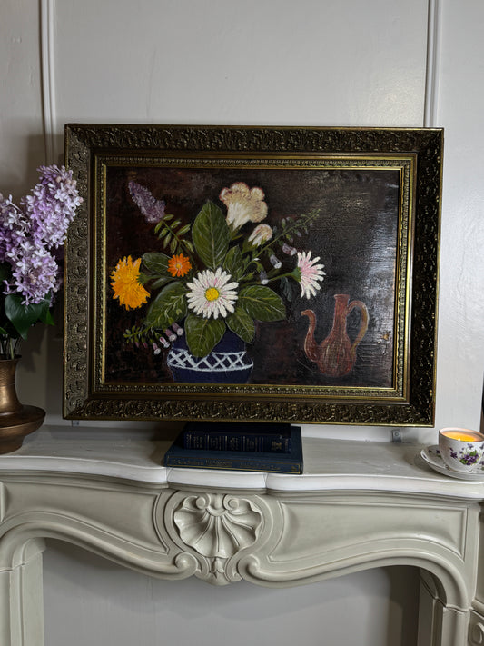 Large Vintage Floral Oil Painting in Antique Gold Heavy Frame (72 × 57 cm)