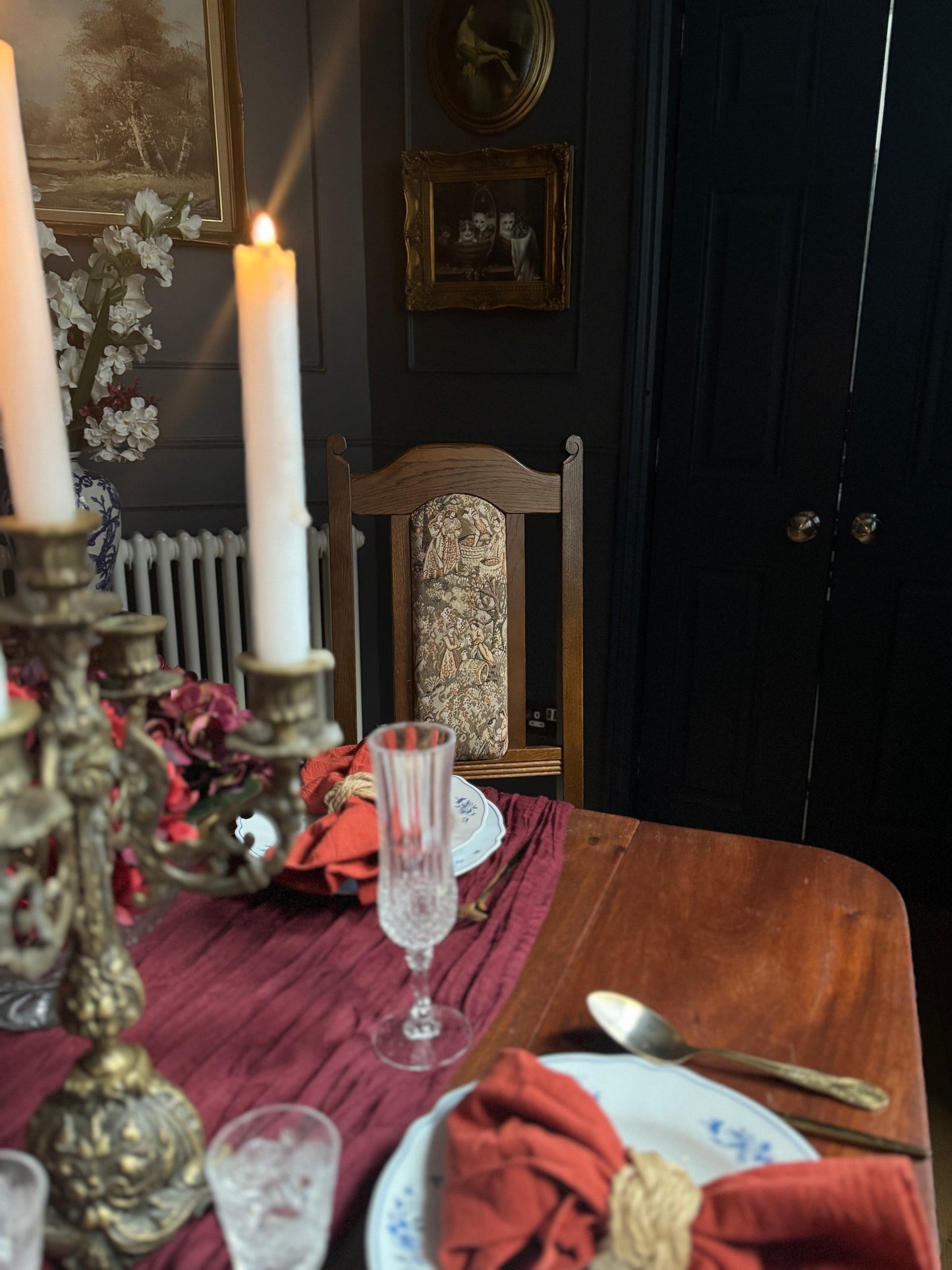Antique Victorian Oak Drop-Leaf Pembroke Dining Table & Vintage Tapestry Chairs (Optional Set)