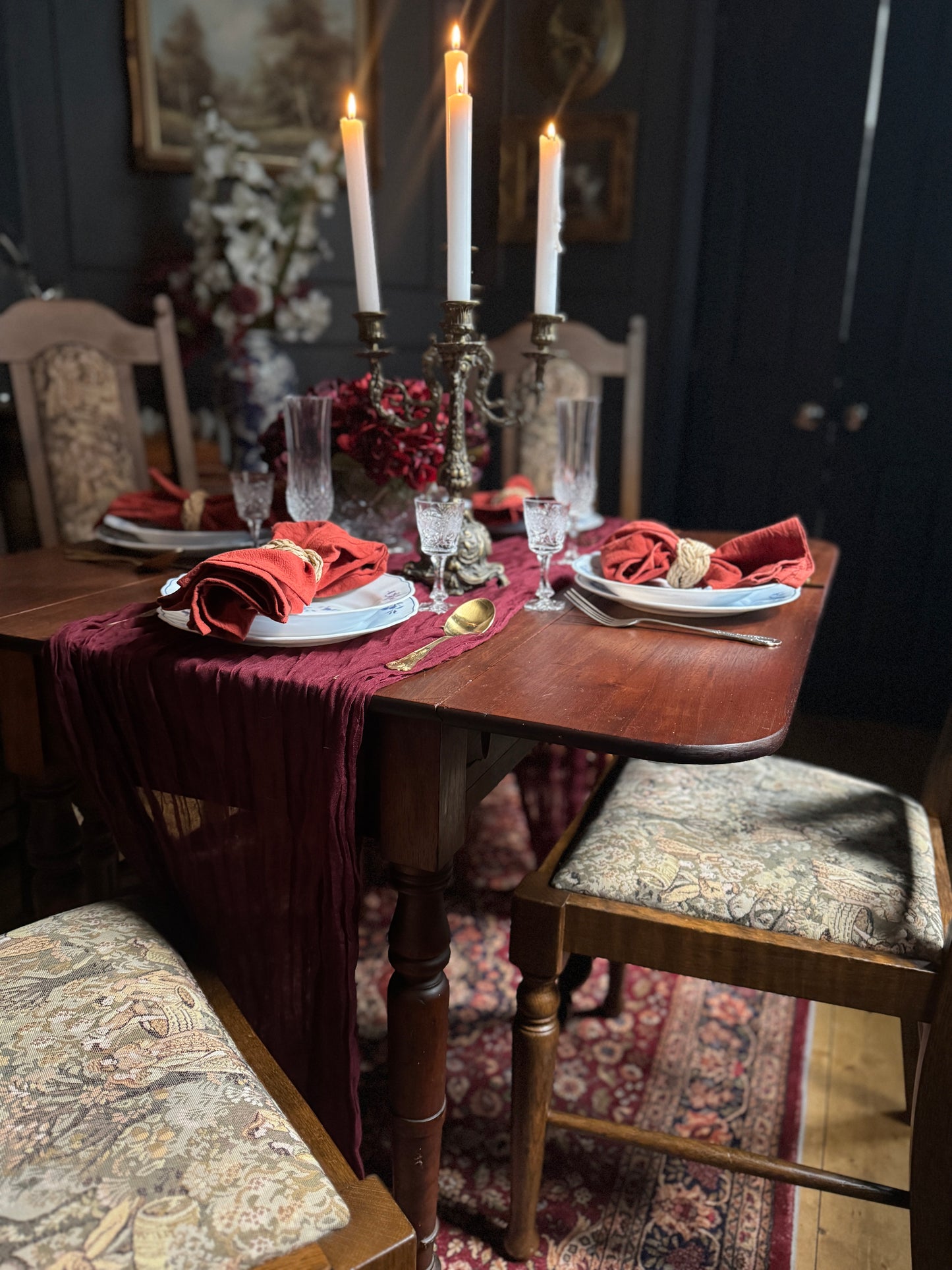 Antique Victorian Oak Drop-Leaf Pembroke Dining Table & Vintage Tapestry Chairs (Optional Set)