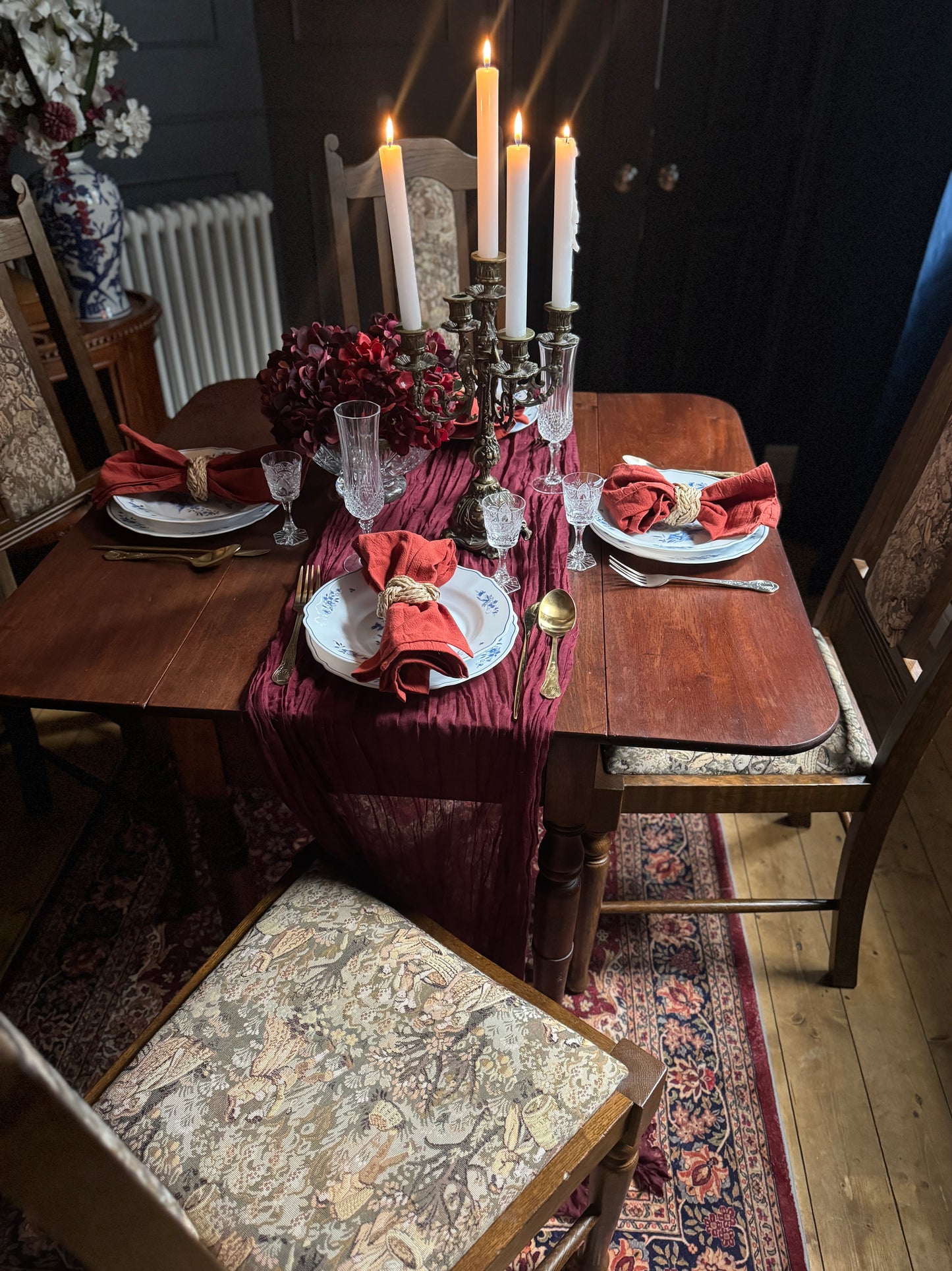 Antique Victorian Oak Drop-Leaf Pembroke Dining Table & Vintage Tapestry Chairs (Optional Set)