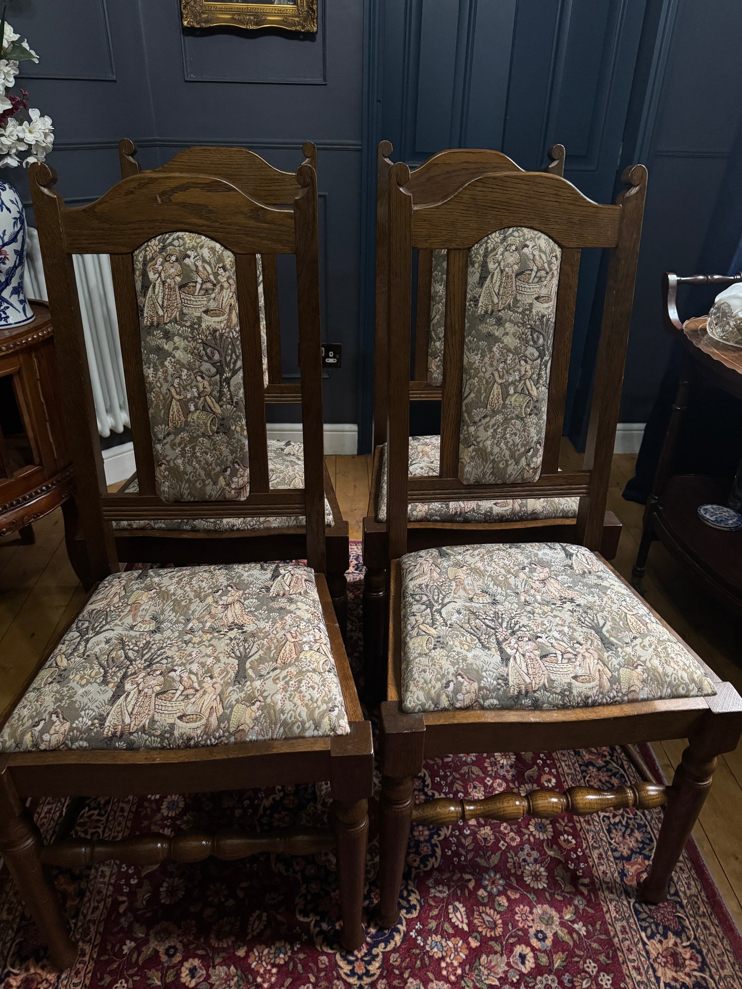 Antique Victorian Oak Drop-Leaf Pembroke Dining Table & Vintage Tapestry Chairs (Optional Set)