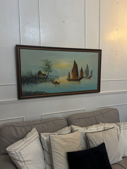 Extra Large Mid Century Hong Kong Oil Painting – 1960s/70s (70 x 131 cm)