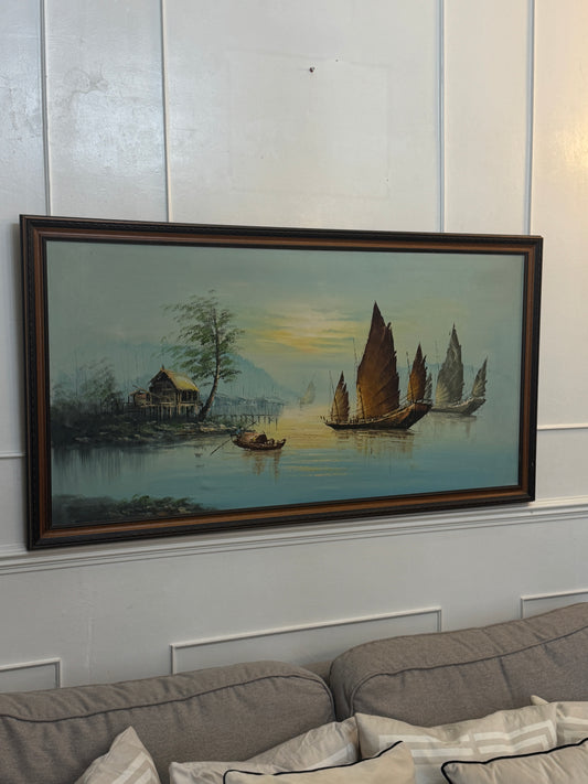 Extra Large Mid Century Hong Kong Oil Painting – 1960s/70s (70 x 131 cm)