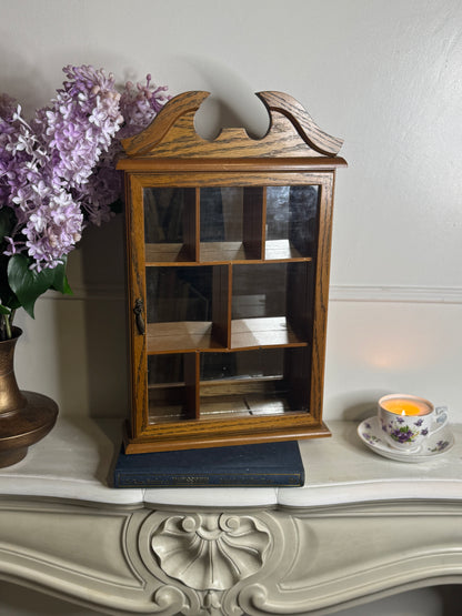 Vintage Wooden Wall Display Cabinet – Glass Fronted Trinket Shelf with Mirror Back