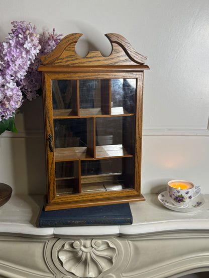 Vintage Wooden Wall Display Cabinet – Glass Fronted Trinket Shelf with Mirror Back