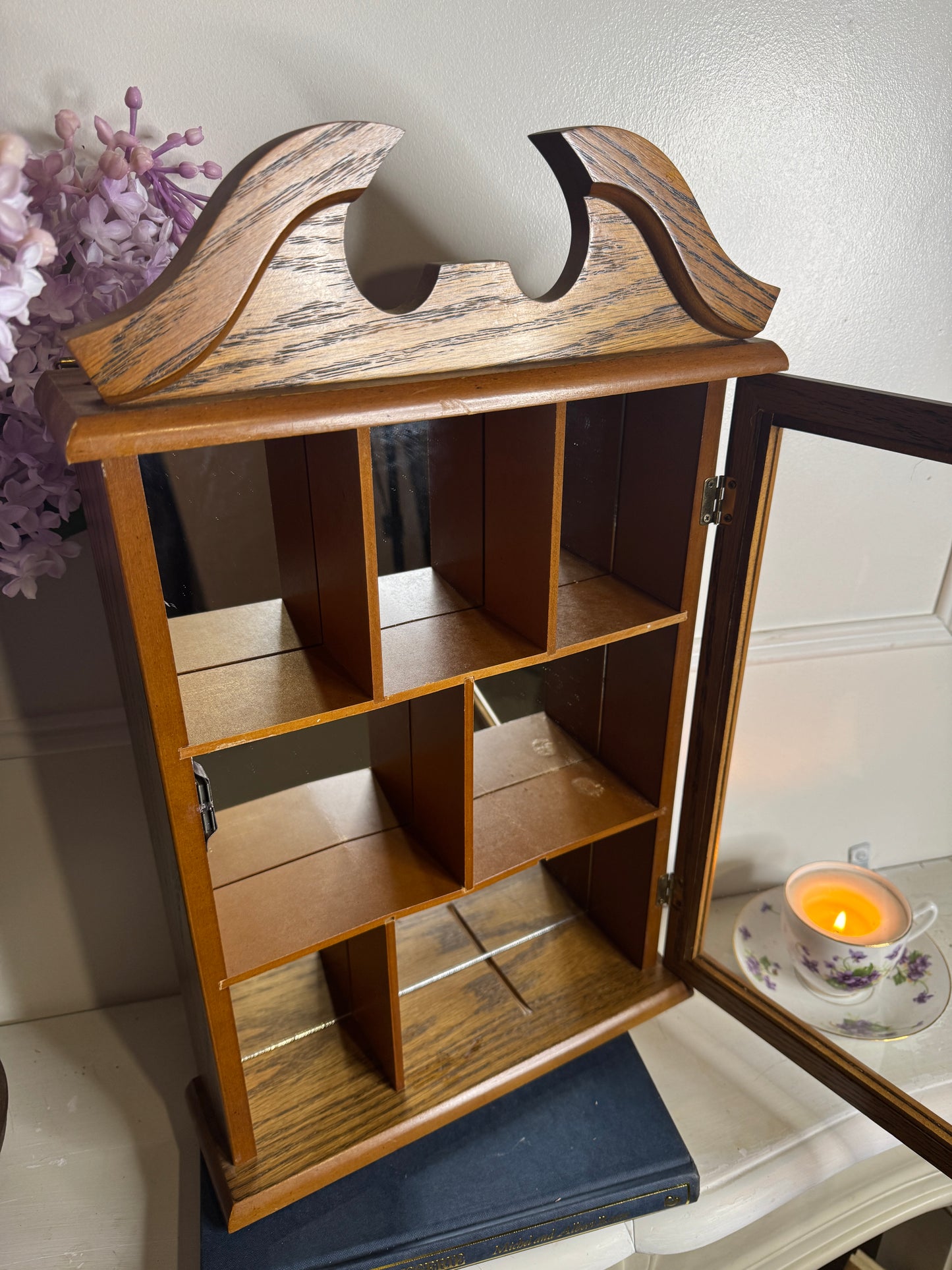 Vintage Wooden Wall Display Cabinet – Glass Fronted Trinket Shelf with Mirror Back