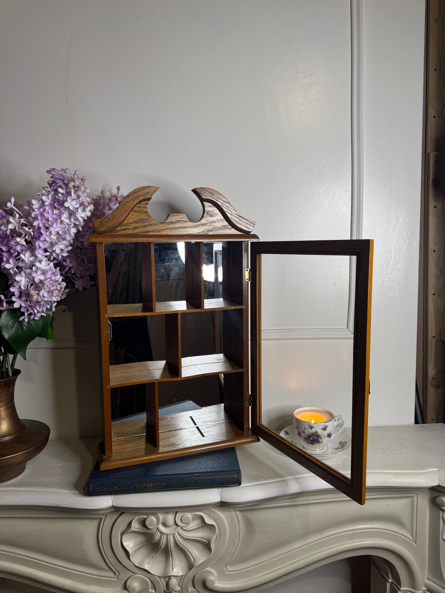 Vintage Wooden Wall Display Cabinet – Glass Fronted Trinket Shelf with Mirror Back