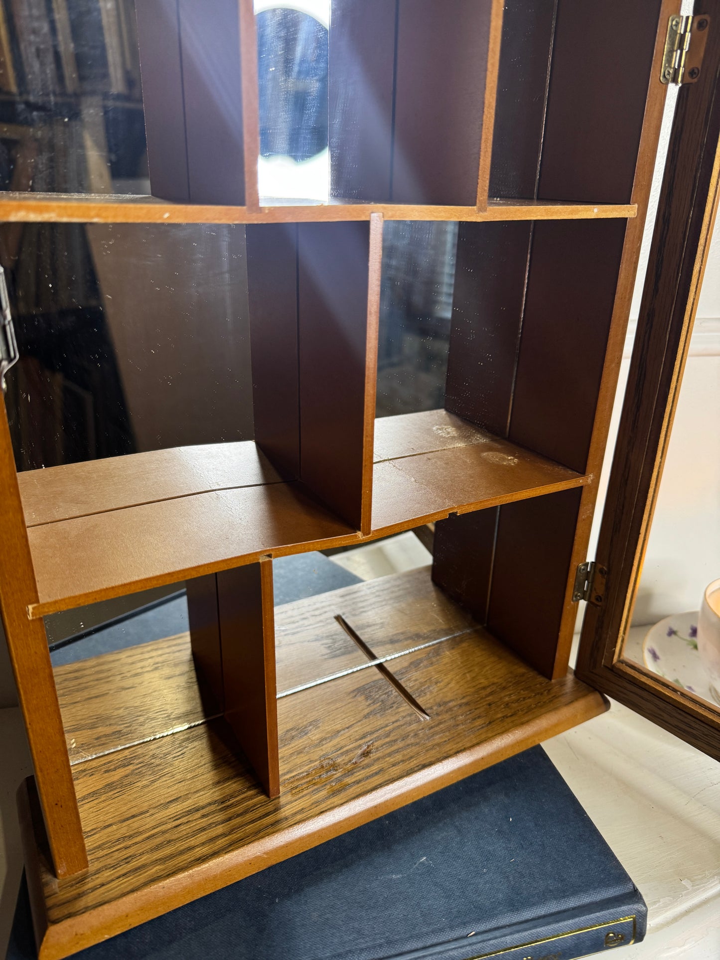 Vintage Wooden Wall Display Cabinet – Glass Fronted Trinket Shelf with Mirror Back
