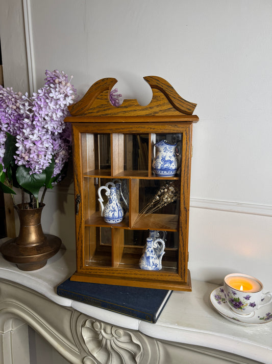 Vintage Wooden Wall Display Cabinet – Glass Fronted Trinket Shelf with Mirror Back
