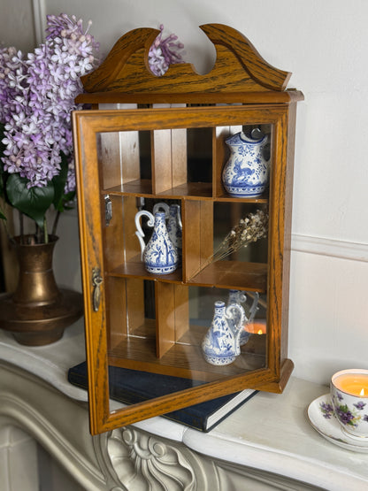 Vintage Wooden Wall Display Cabinet – Glass Fronted Trinket Shelf with Mirror Back