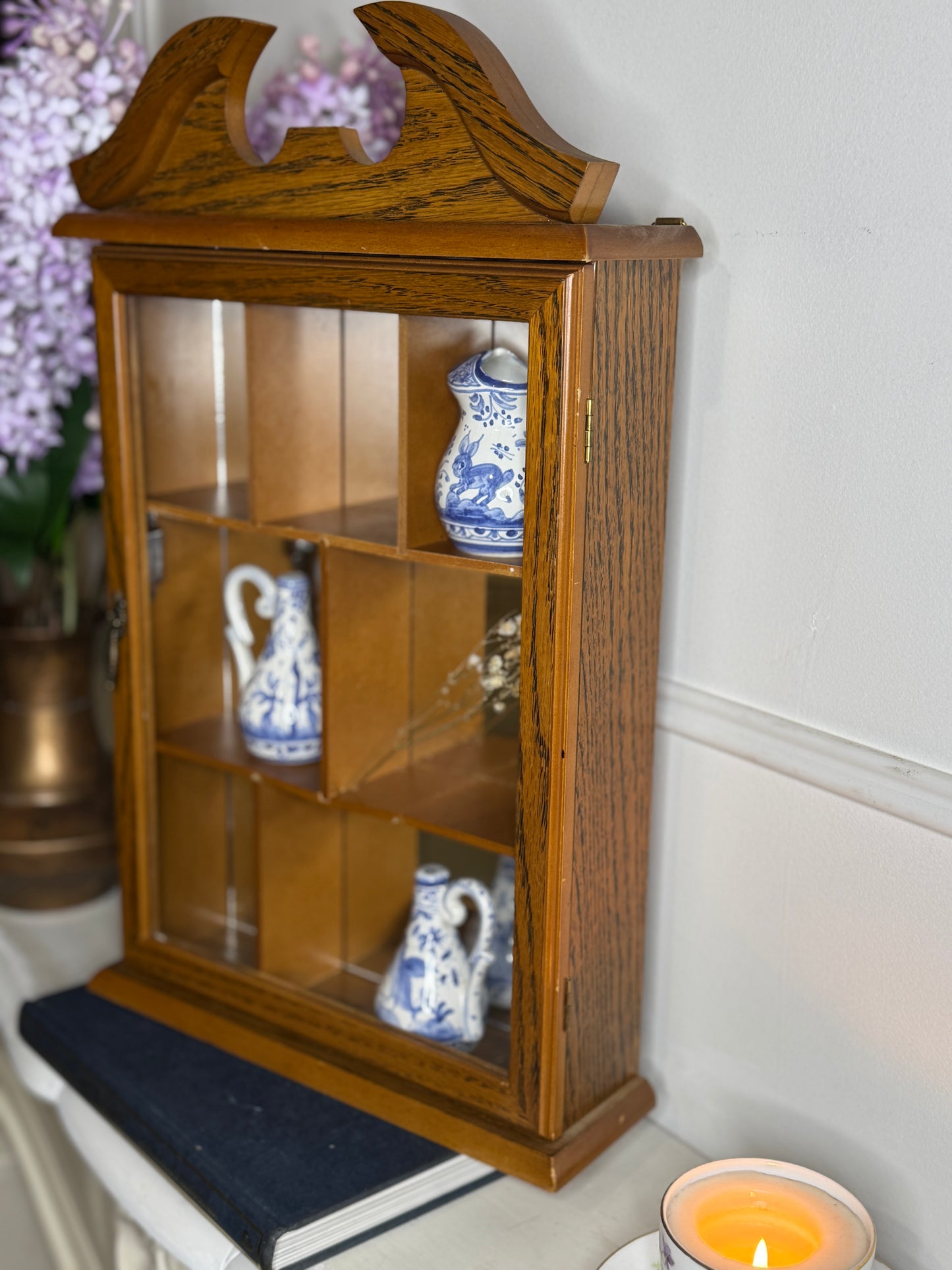 Vintage Wooden Wall Display Cabinet – Glass Fronted Trinket Shelf with Mirror Back