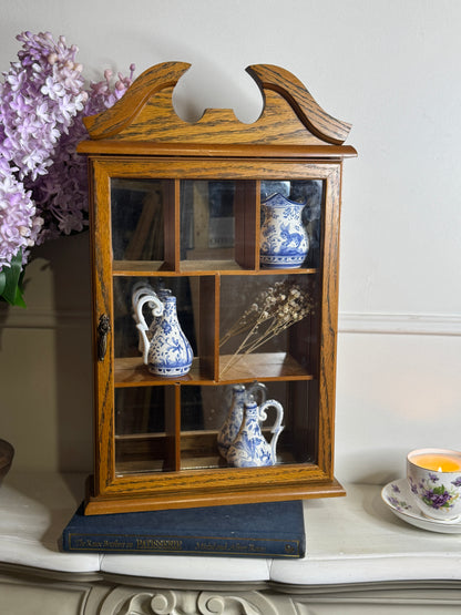 Vintage Wooden Wall Display Cabinet – Glass Fronted Trinket Shelf with Mirror Back