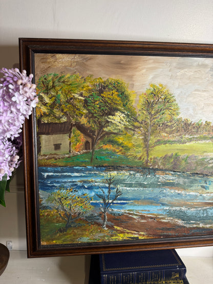 Vintage Rustic Oil Painting – Peaceful River & Cabin Landscape (53 x 59 cm)