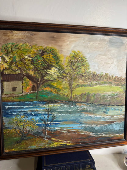 Vintage Rustic Oil Painting – Peaceful River & Cabin Landscape (53 x 59 cm)