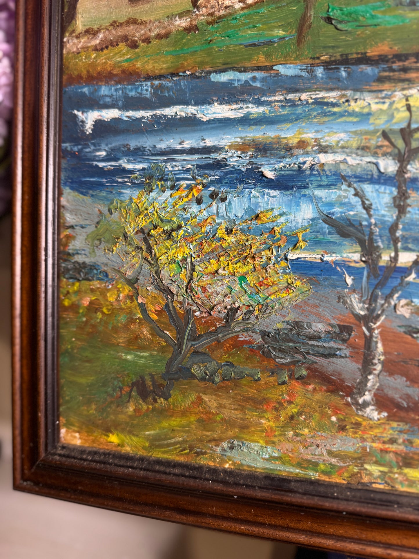 Vintage Rustic Oil Painting – Peaceful River & Cabin Landscape (53 x 59 cm)