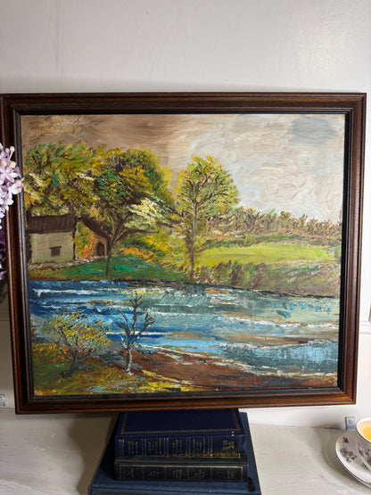 Vintage Rustic Oil Painting – Peaceful River & Cabin Landscape (53 x 59 cm)