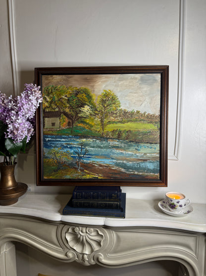 Vintage Rustic Oil Painting – Peaceful River & Cabin Landscape (53 x 59 cm)