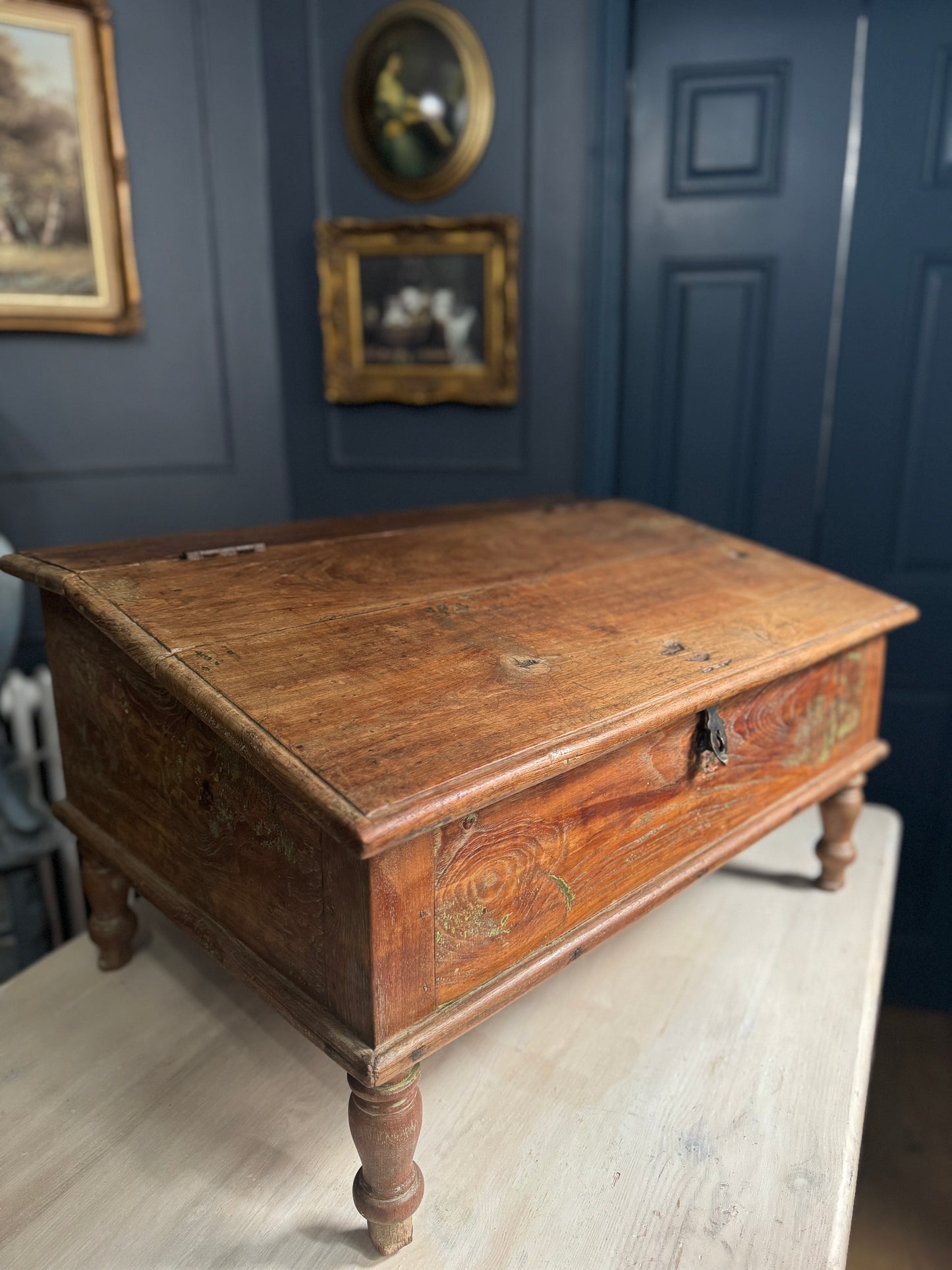 Victorian Clerk’s Desk – Antique Pine Tabletop Writing Desk with Padlock Latch, Aged Rustic Greeting Desk, Collectible Restaurant Host Stand