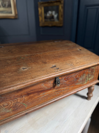 Victorian Clerk’s Desk – Antique Pine Tabletop Writing Desk with Padlock Latch, Aged Rustic Greeting Desk, Collectible Restaurant Host Stand