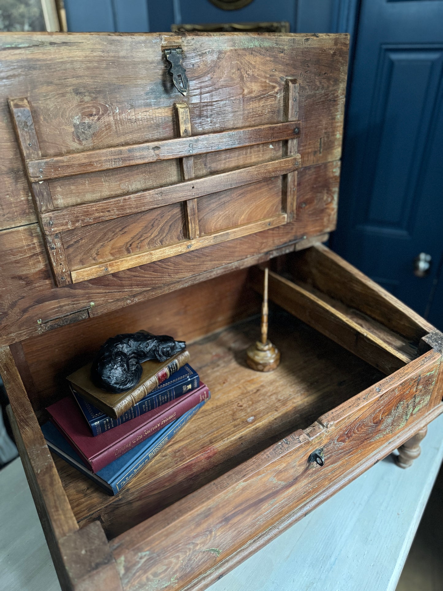 Victorian Clerk’s Desk – Antique Pine Tabletop Writing Desk with Padlock Latch, Aged Rustic Greeting Desk, Collectible Restaurant Host Stand