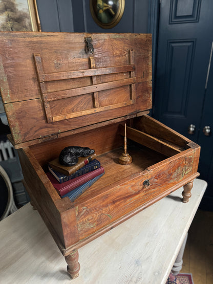 Victorian Clerk’s Desk – Antique Pine Tabletop Writing Desk with Padlock Latch, Aged Rustic Greeting Desk, Collectible Restaurant Host Stand