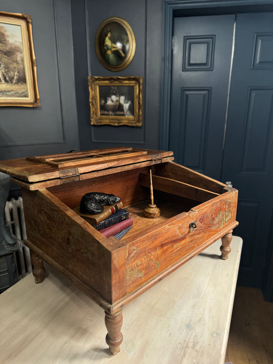 Victorian Clerk’s Desk – Antique Pine Tabletop Writing Desk with Padlock Latch, Aged Rustic Greeting Desk, Collectible Restaurant Host Stand