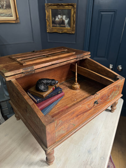Victorian Clerk’s Desk – Antique Pine Tabletop Writing Desk with Padlock Latch, Aged Rustic Greeting Desk, Collectible Restaurant Host Stand
