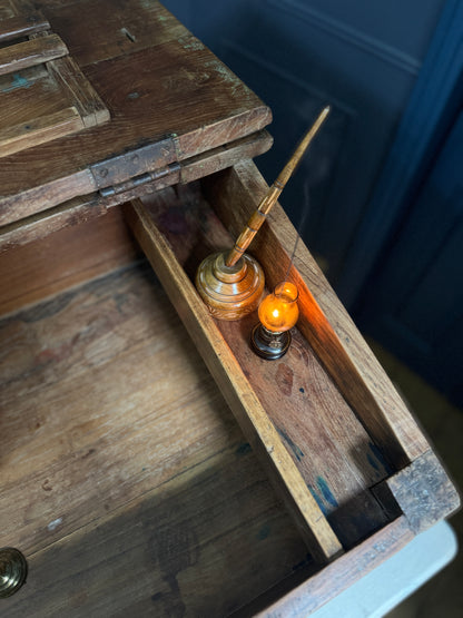 Victorian Clerk’s Desk – Antique Pine Tabletop Writing Desk with Padlock Latch, Aged Rustic Greeting Desk, Collectible Restaurant Host Stand