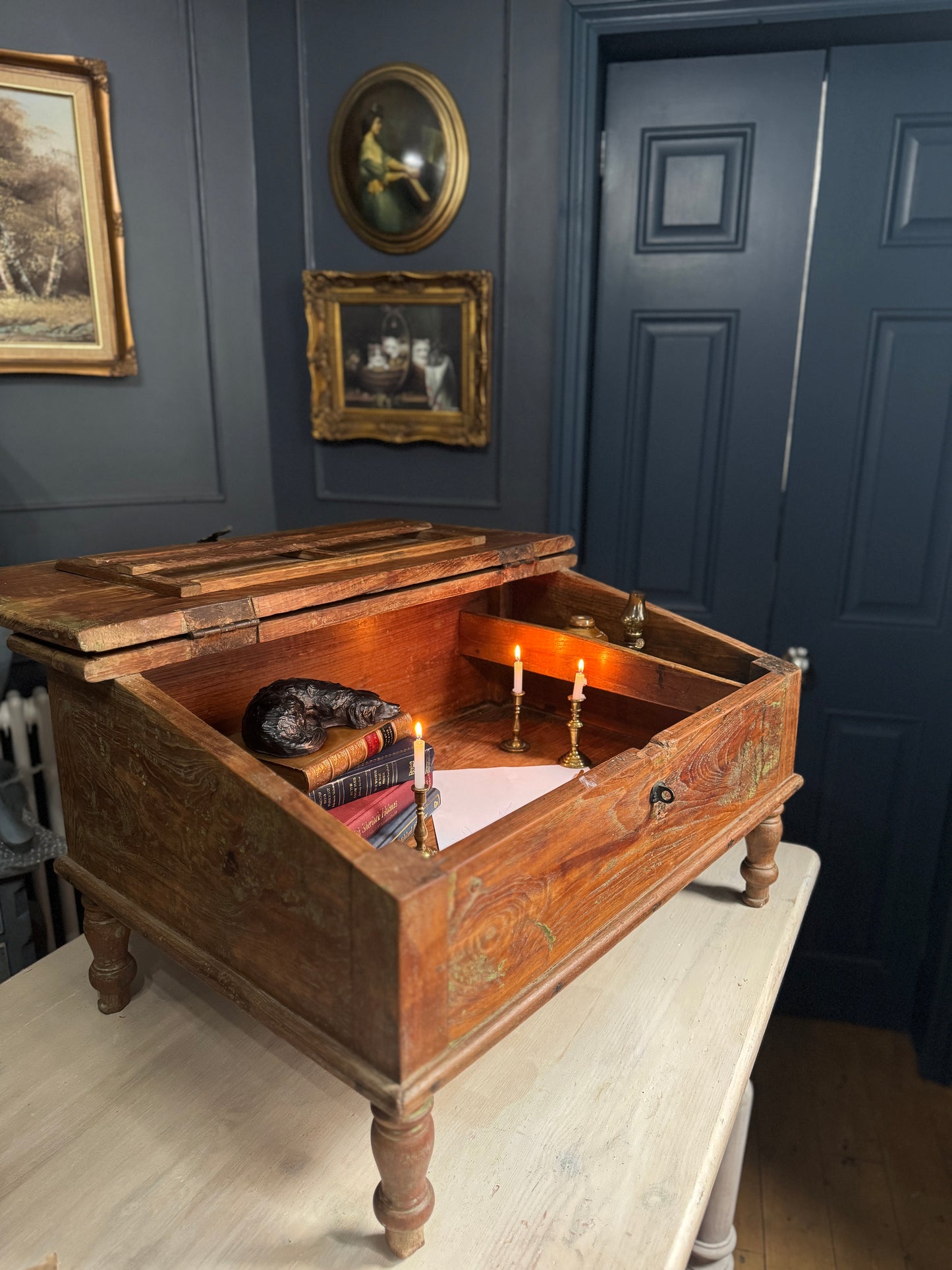 Victorian Clerk’s Desk – Antique Pine Tabletop Writing Desk with Padlock Latch, Aged Rustic Greeting Desk, Collectible Restaurant Host Stand