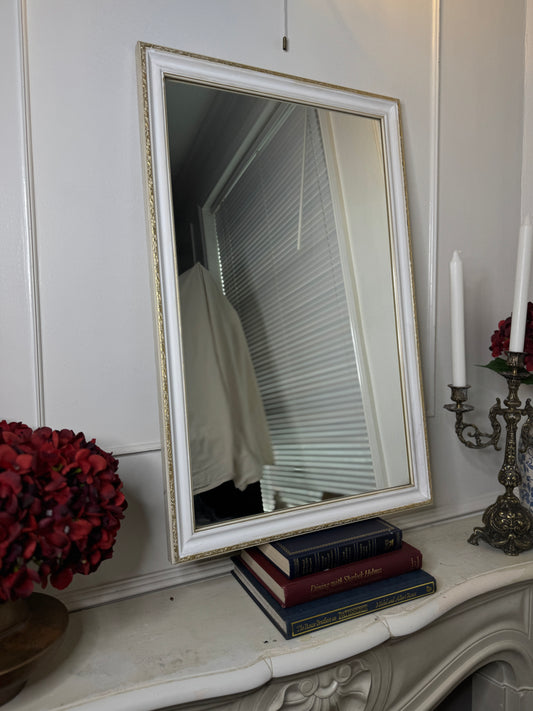 Vintage Medium Sized White Wooden Mirror with Gold Trim