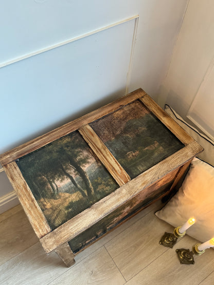 Vintage Oak Small Blanket Box – French Country Upcycled Trunk – Rustic Storage