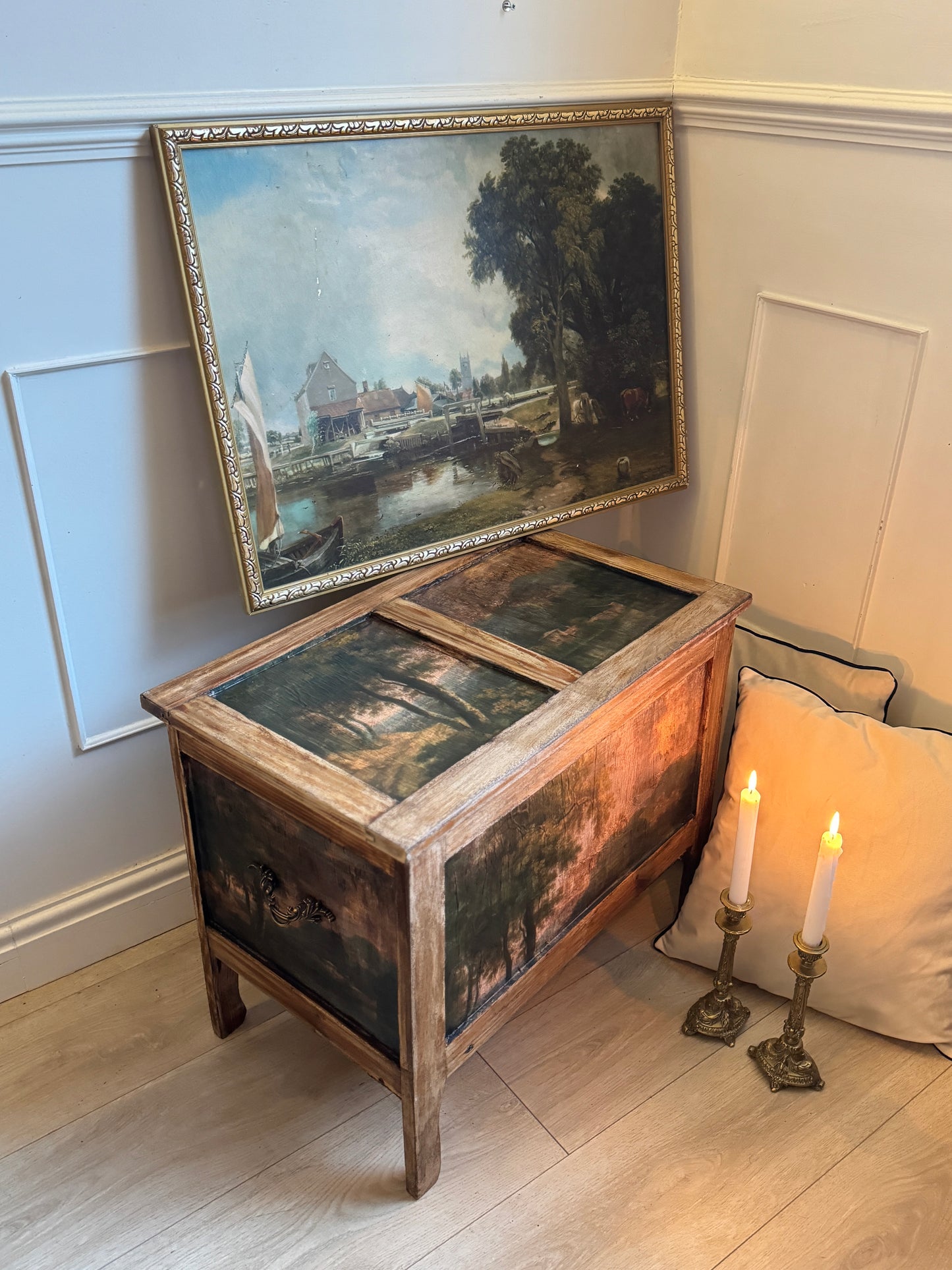 Vintage Oak Small Blanket Box – French Country Upcycled Trunk – Rustic Storage