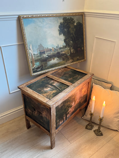 Vintage Oak Small Blanket Box – French Country Upcycled Trunk – Rustic Storage