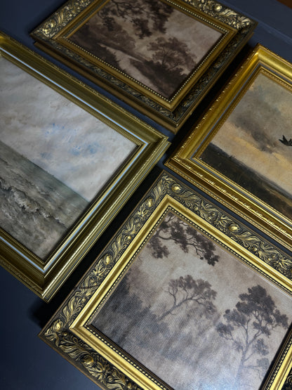 Château Elegance Wall Set – Vintage Gold Gilt Frames with Moody Dark Themed Prints