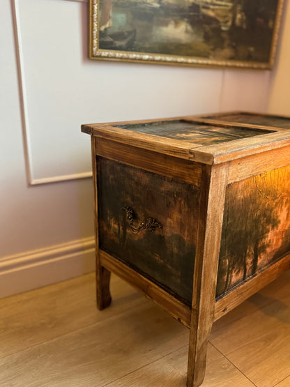 Vintage Oak Small Blanket Box – French Country Upcycled Trunk – Rustic Storage