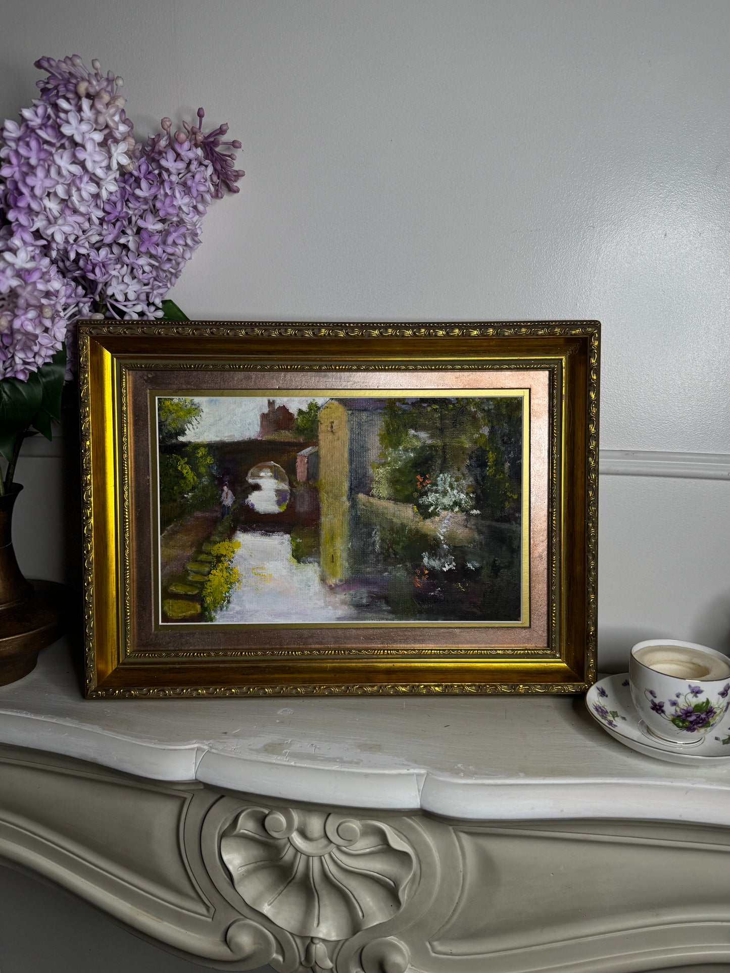 Original Oil Painting “Canal Walk” by J. Morris – Vintage Framed Landscape Oil 38 x 34 cm